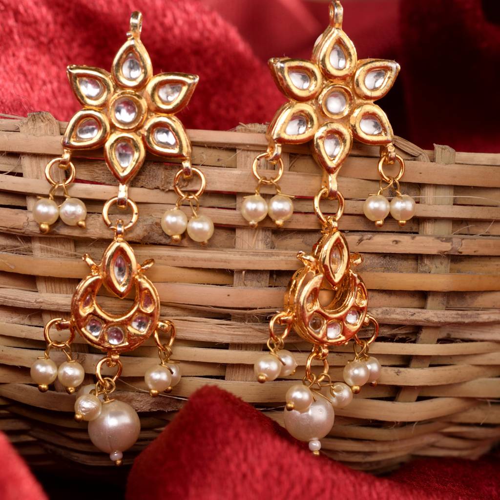 Gold Plated Kundan Studded Floral Chand Earrings : SJER1558