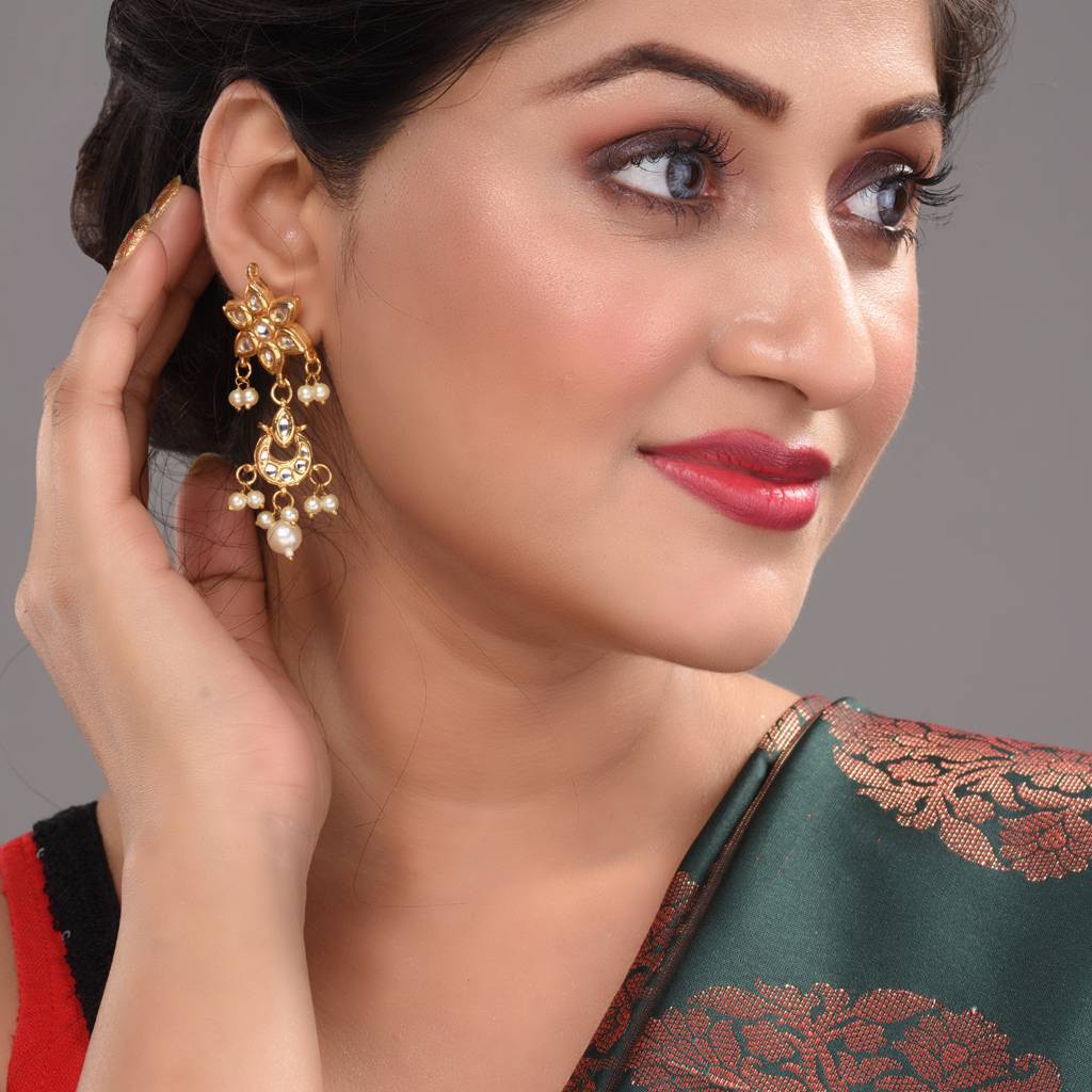 Gold Plated Kundan Studded Floral Chand Earrings : SJER1558