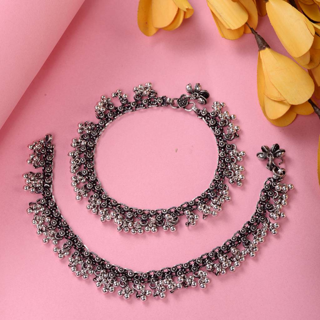 Set Of 2 Oxidised Silver Plated Payal Anklet : SJPL1559