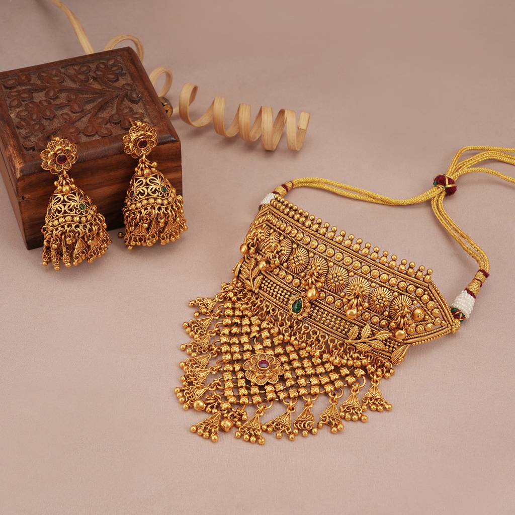 Stunning Antique Gold Multicolor Choker Necklace Set : SJ259