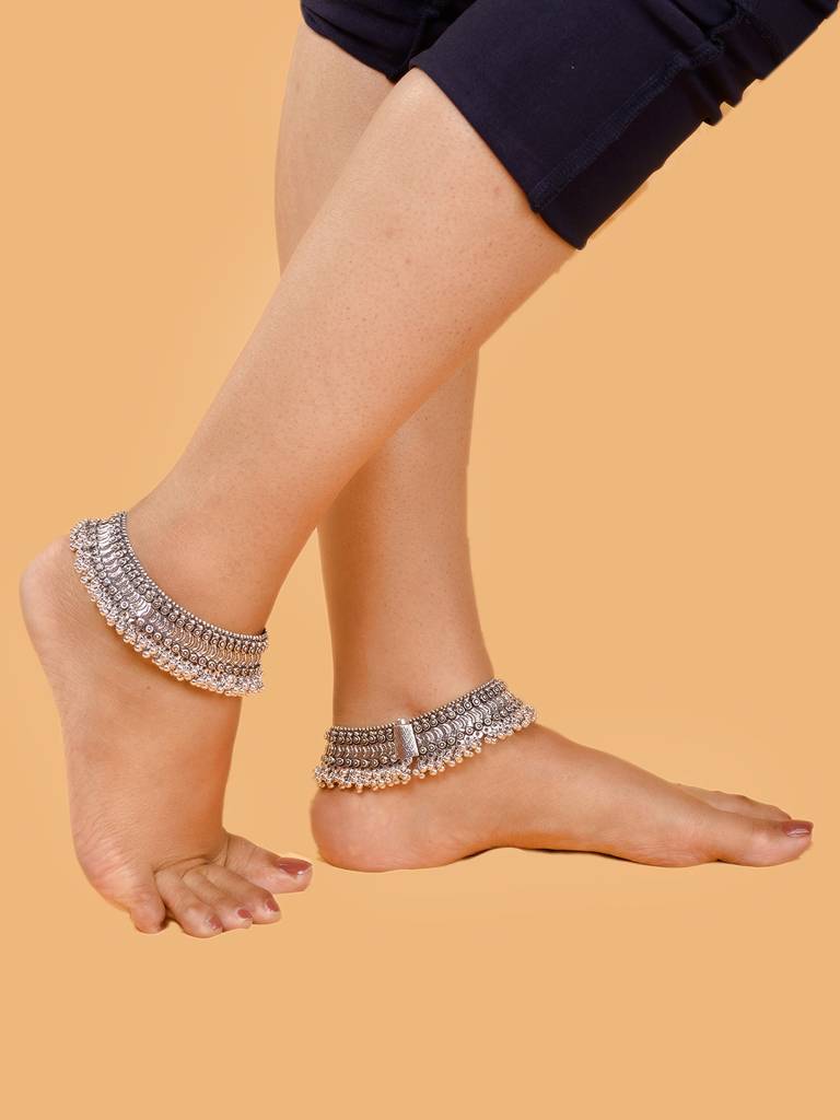 Set Of Pair Of Oxidised Silver Plated Payal Anklet : SJPL1560