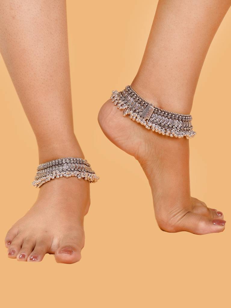 Set Of Pair Of Oxidised Silver Plated Payal Anklet : SJPL1560