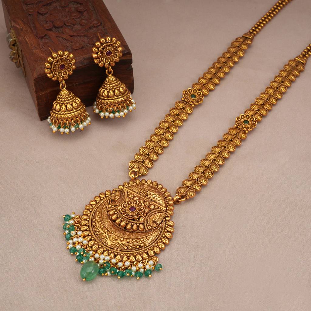 Long Antique Gold Green Stone Drop Necklace Set : SJ260