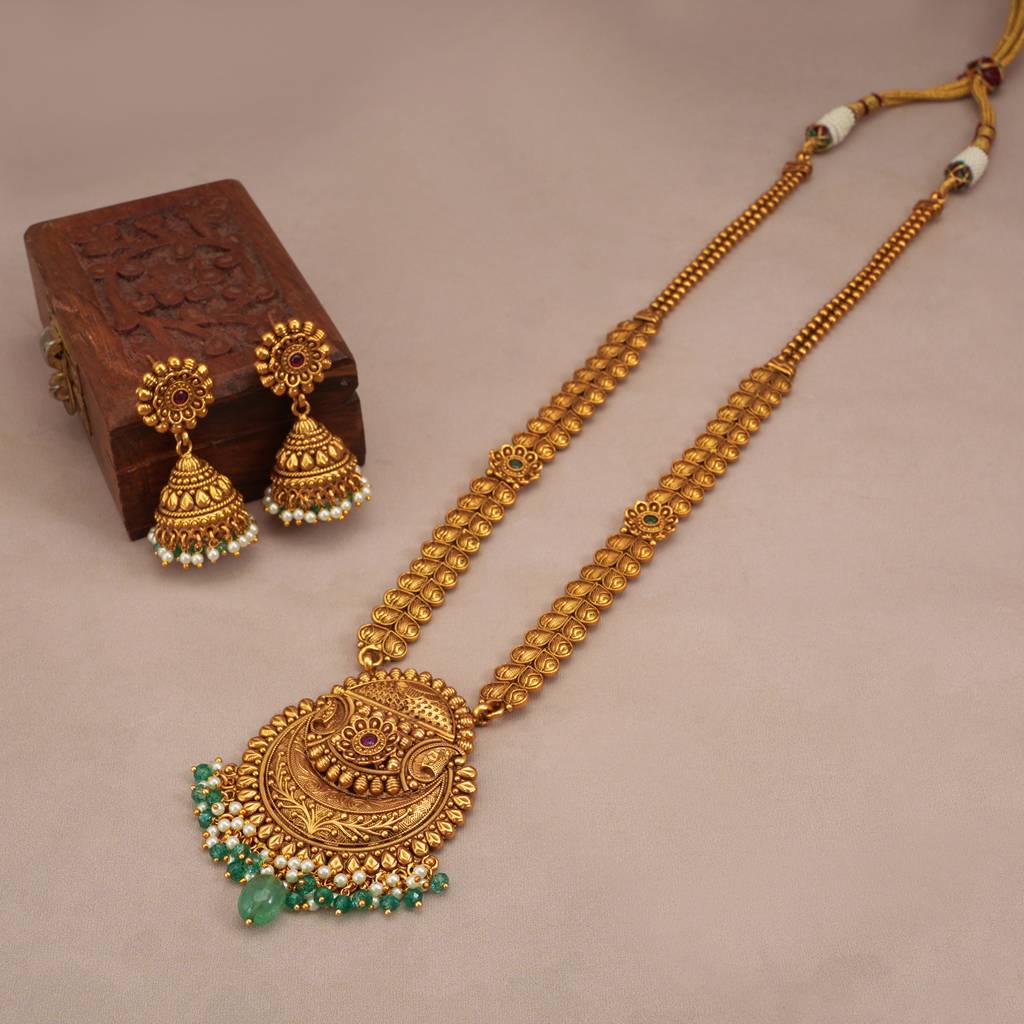 Long Antique Gold Green Stone Drop Necklace Set : SJ260