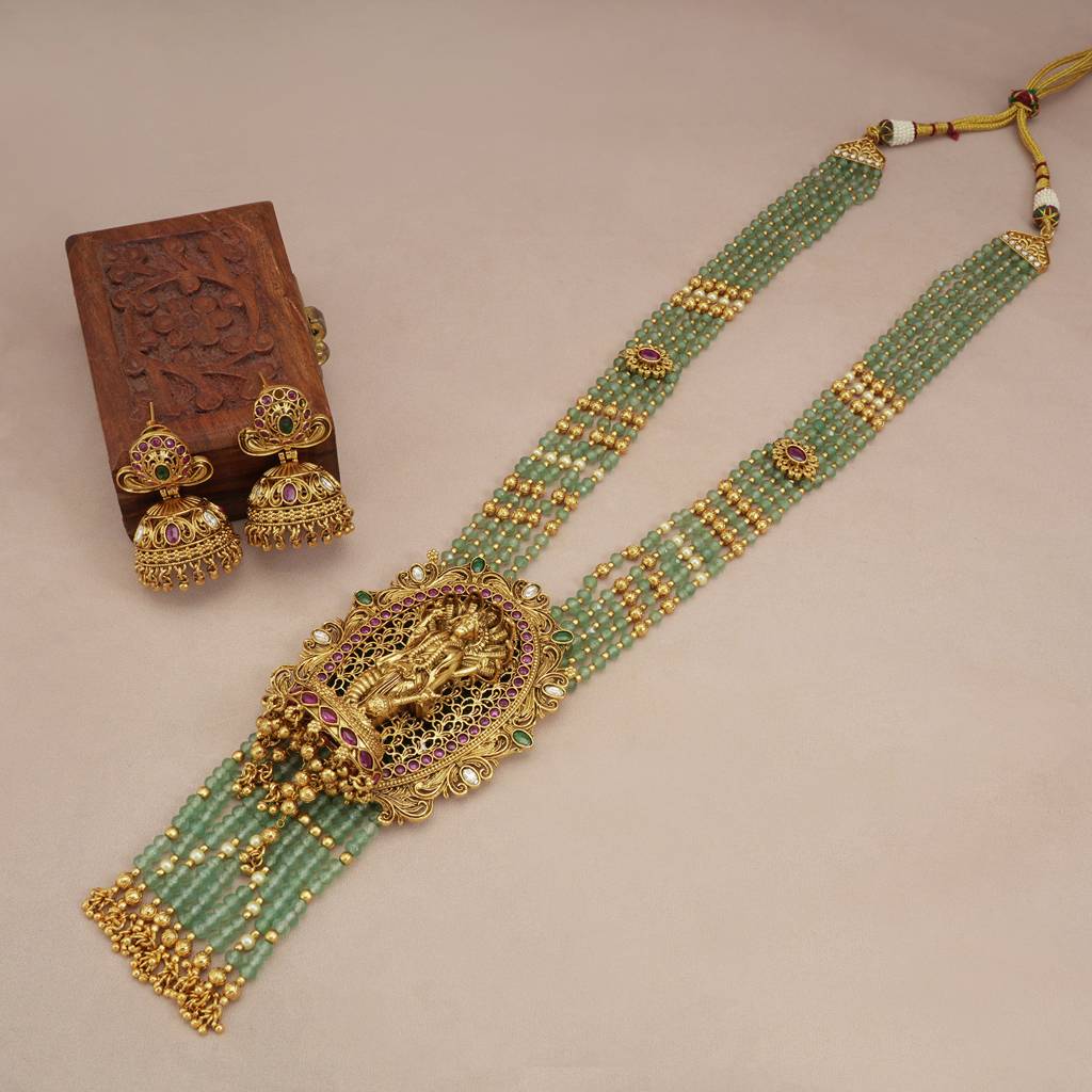 Auspicious Long Antique Gold Lord Vishnu Stone Srop Necklace Set : SJ262