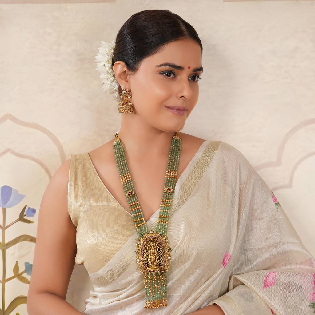 Auspicious Long Antique Gold Lord Vishnu Stone Srop Necklace Set : SJ262
