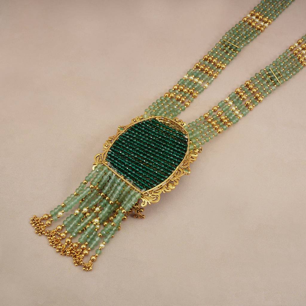 Auspicious Long Antique Gold Lord Vishnu Stone Srop Necklace Set : SJ262