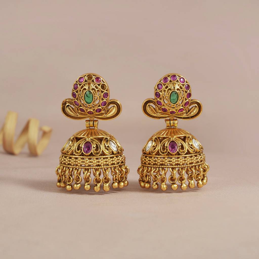 Auspicious Long Antique Gold Lord Vishnu Stone Srop Necklace Set : SJ262