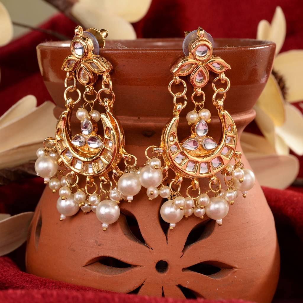 Gold Plated Kundan Modern Chandbalis Earrings : SJER1566