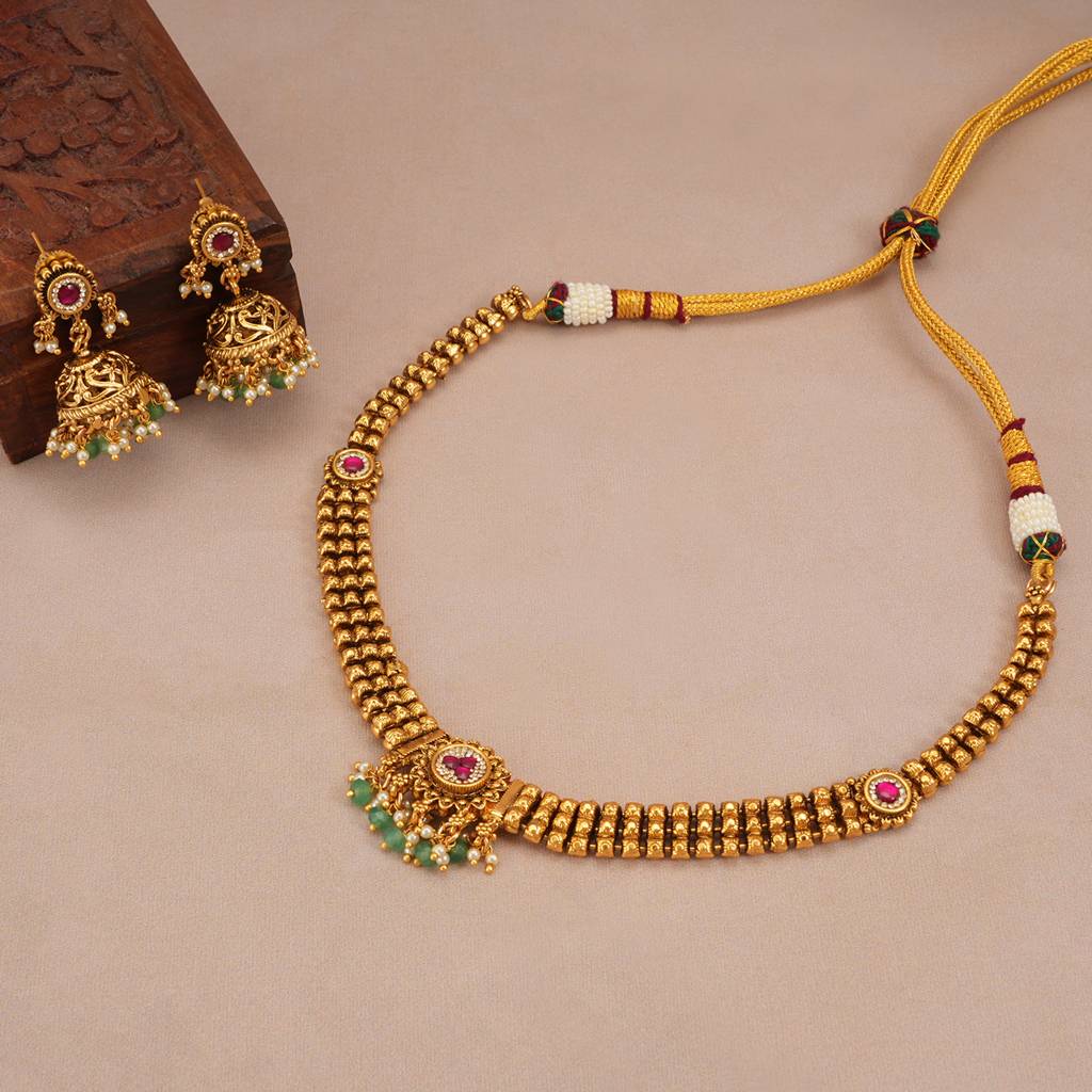 Stunning Antique Gold Ruby Necklace Set With Jhumka : SJ266