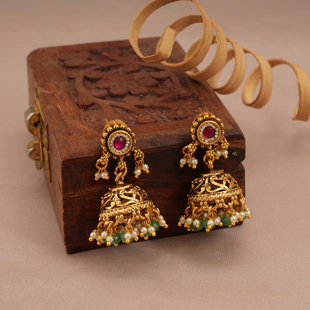 Stunning Antique Gold Ruby Necklace Set With Jhumka : SJ266