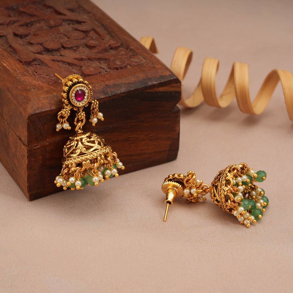 Stunning Antique Gold Ruby Necklace Set With Jhumka : SJ266