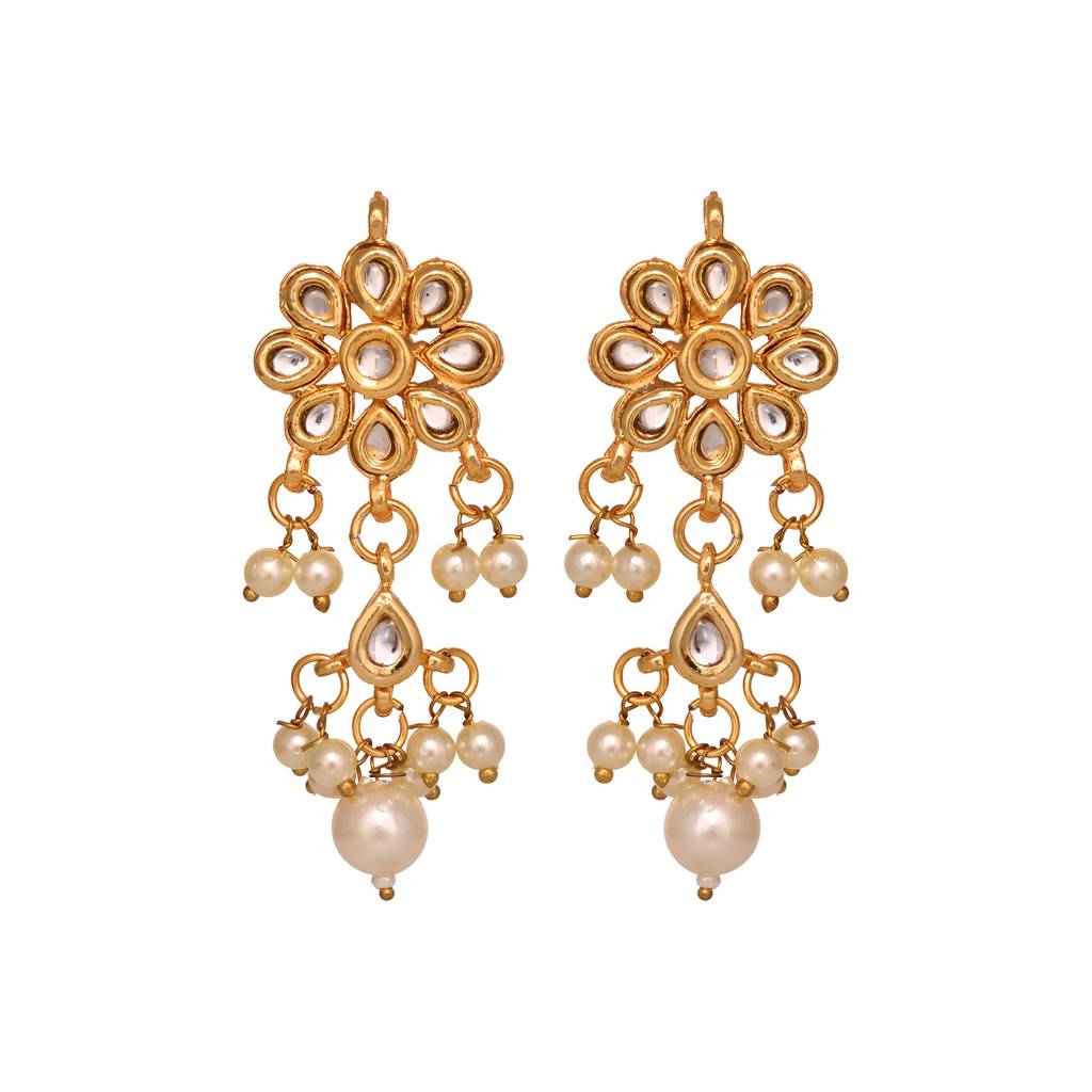 Gold Plated Kundan Studded Floral Paan Earrings : SJER1568