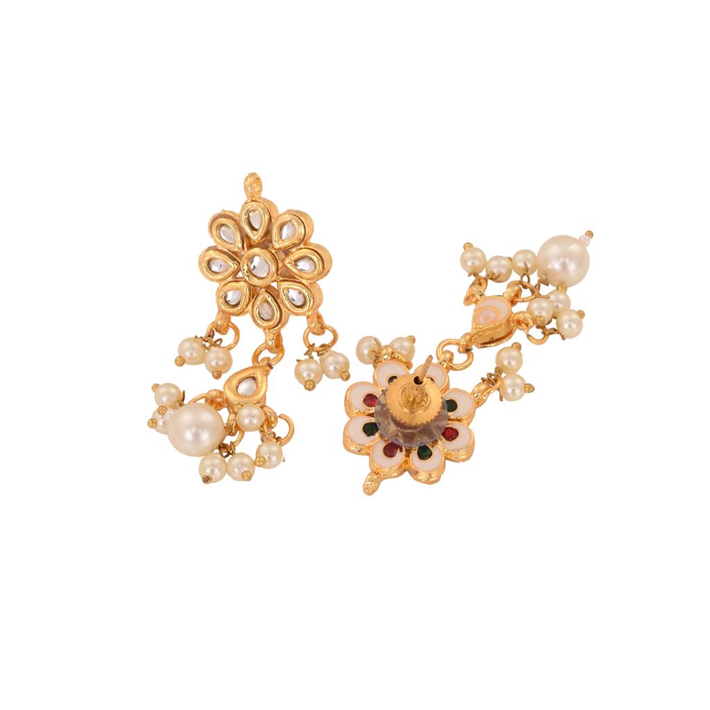 Gold Plated Kundan Studded Floral Paan Earrings : SJER1568