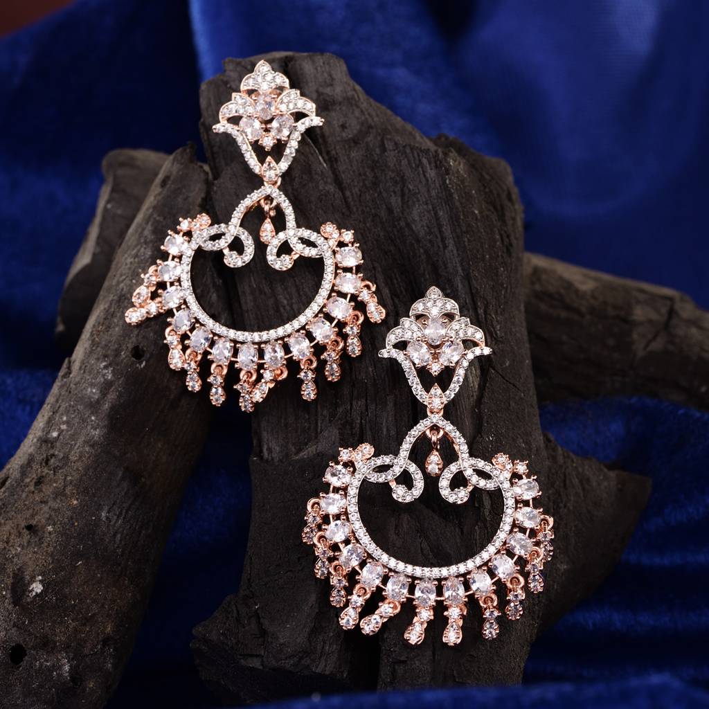 Rose Gold Plated White Ad Studded Modern Chandbalis Earrings : SJER1571