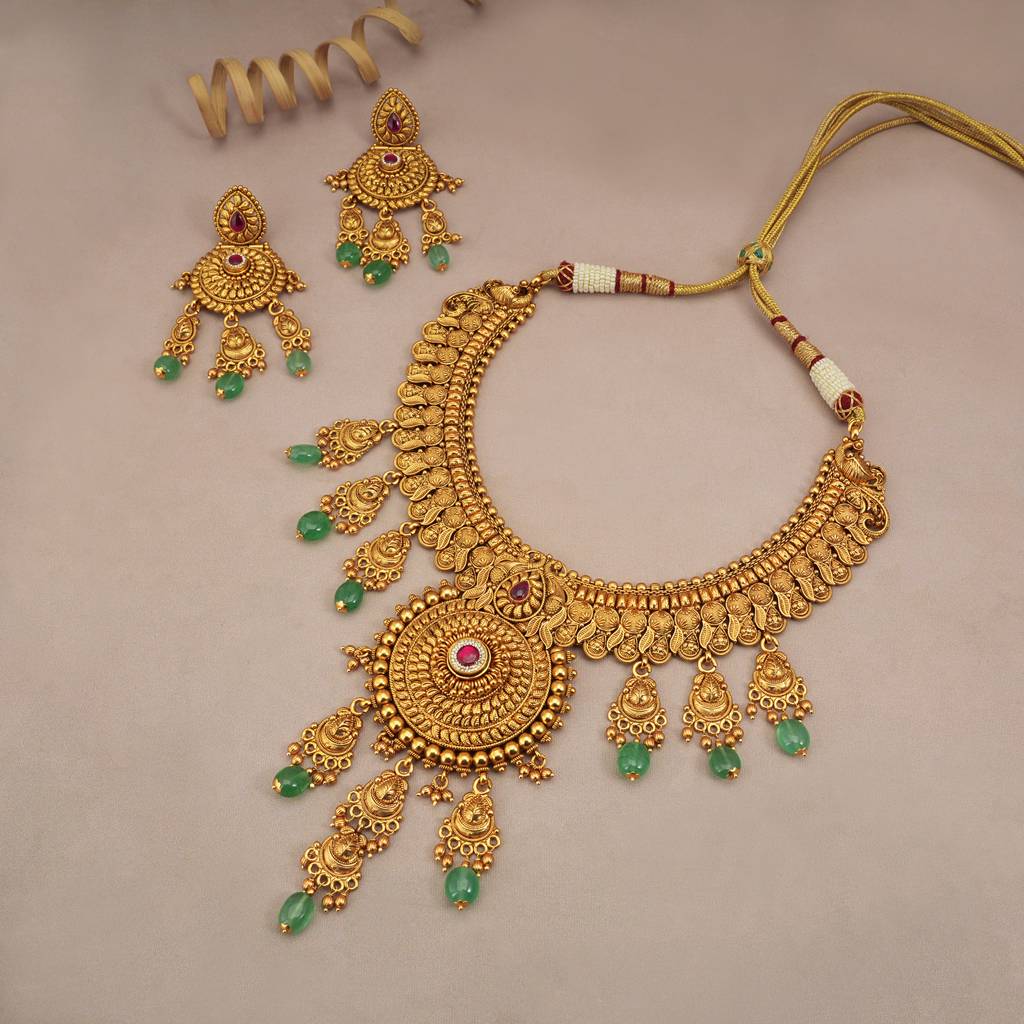 Amazing Antique Gold Green Stone Necklace Set With Long Earring : SJ271