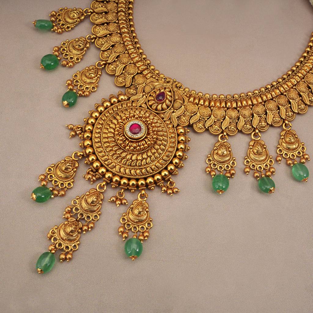 Amazing Antique Gold Green Stone Necklace Set With Long Earring : SJ271