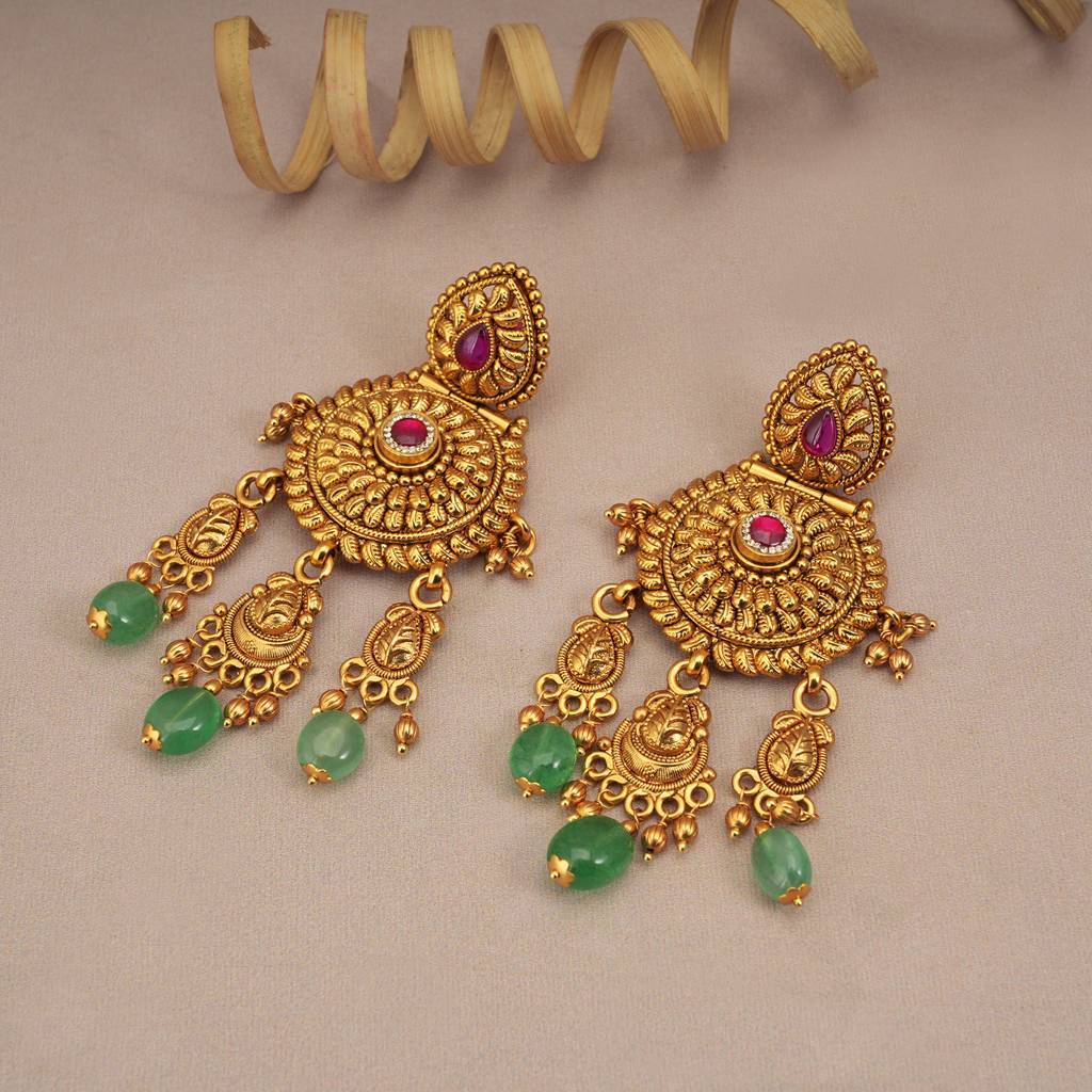 Amazing Antique Gold Green Stone Necklace Set With Long Earring : SJ271