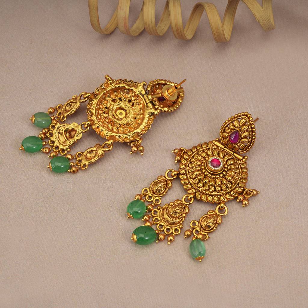 Amazing Antique Gold Green Stone Necklace Set With Long Earring : SJ271