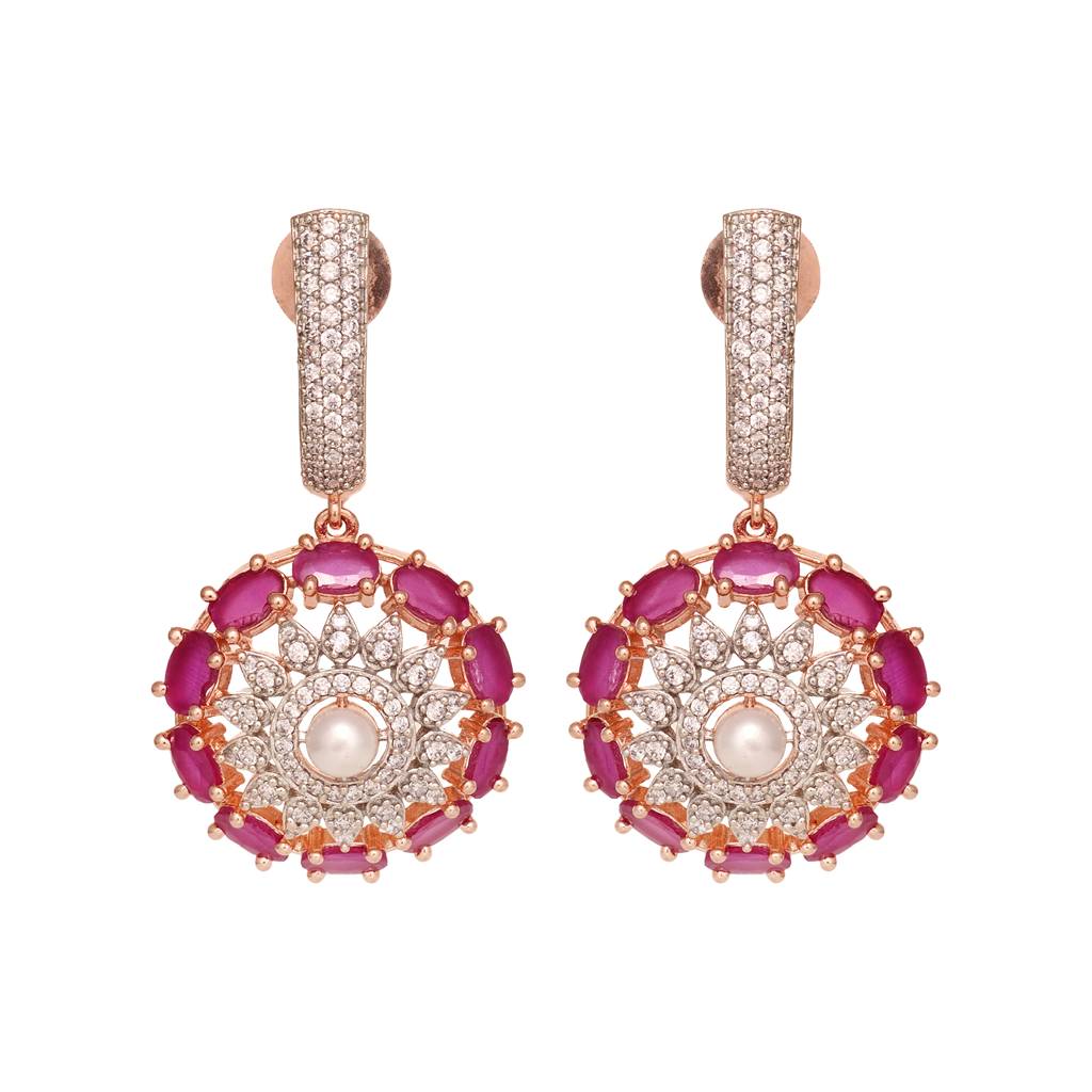 Rose Gold Plated Red Ad Studded Solar Drop Earrings : SJER1572