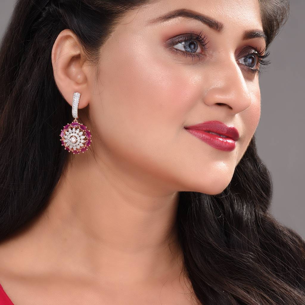 Rose Gold Plated Red Ad Studded Solar Drop Earrings : SJER1572