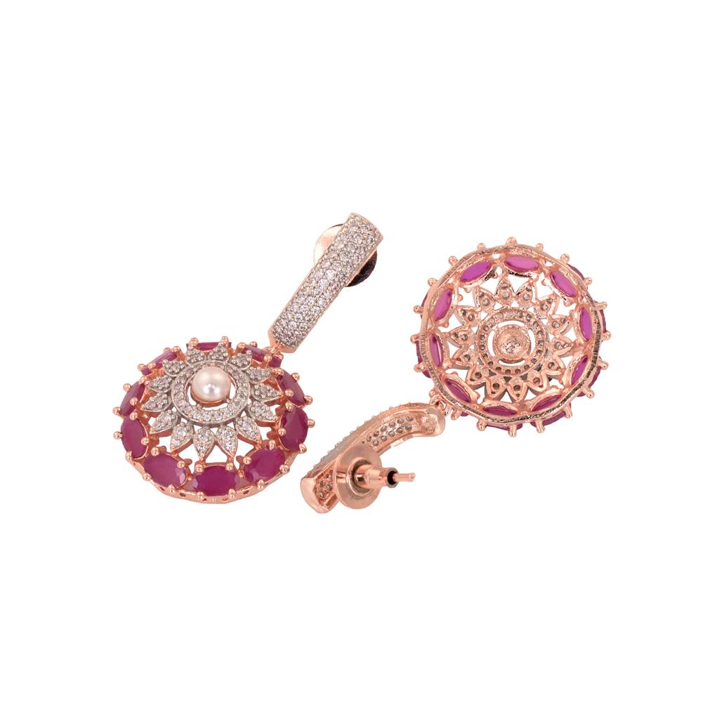 Rose Gold Plated Red Ad Studded Solar Drop Earrings : SJER1572