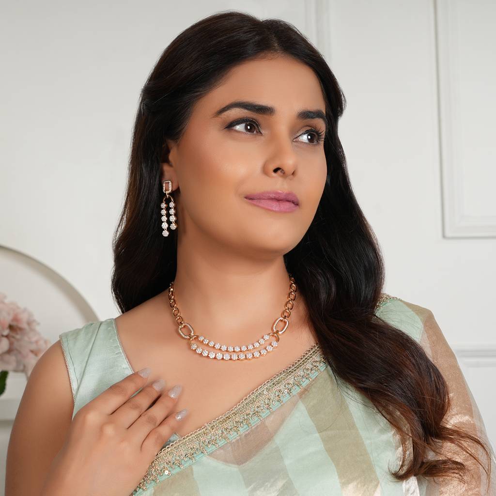 Stunning Gold Plated Floral Two Layer Necklace Set : SJ272