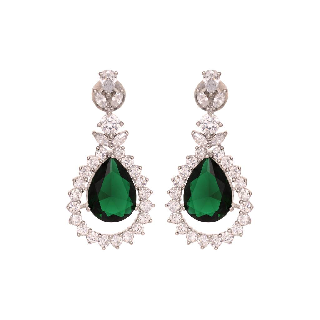 Silver Toned Green Drop Earrings : SJER1573