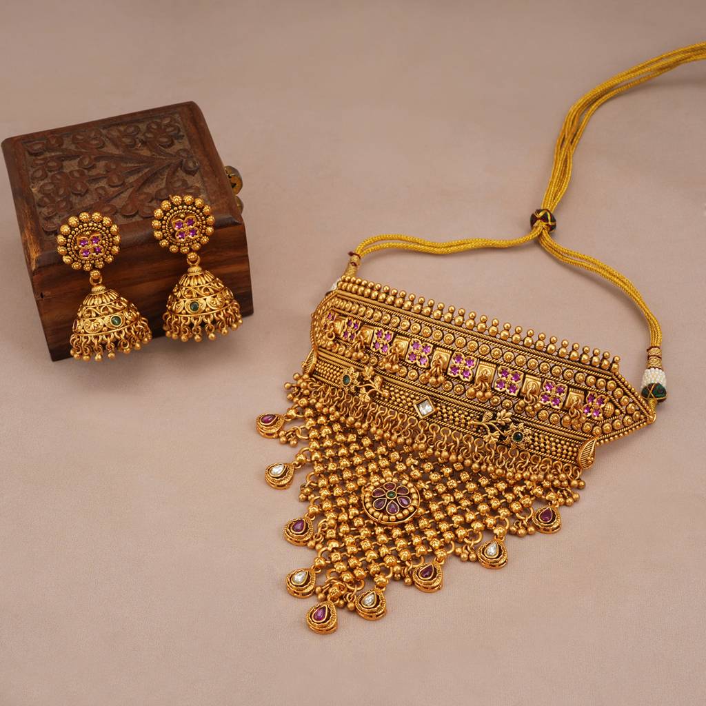 Gorgeous Antique Gold Multicolor Choker Necklace Set : SJ273