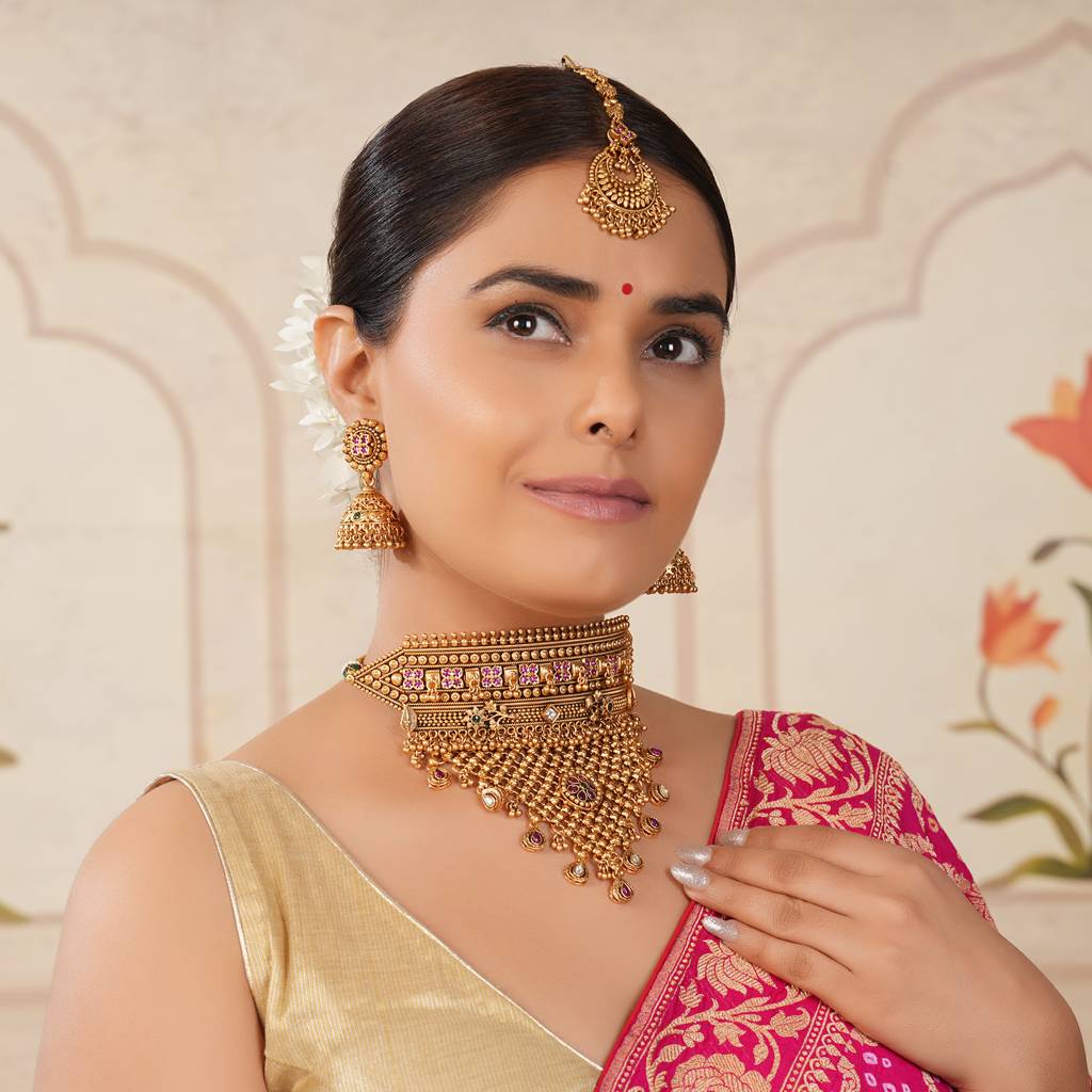 Gorgeous Antique Gold Multicolor Choker Necklace Set : SJ273