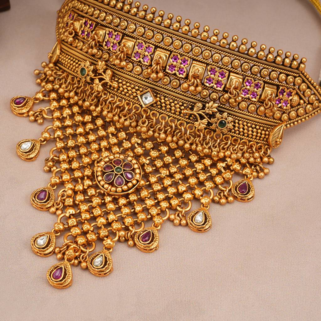 Gorgeous Antique Gold Multicolor Choker Necklace Set : SJ273