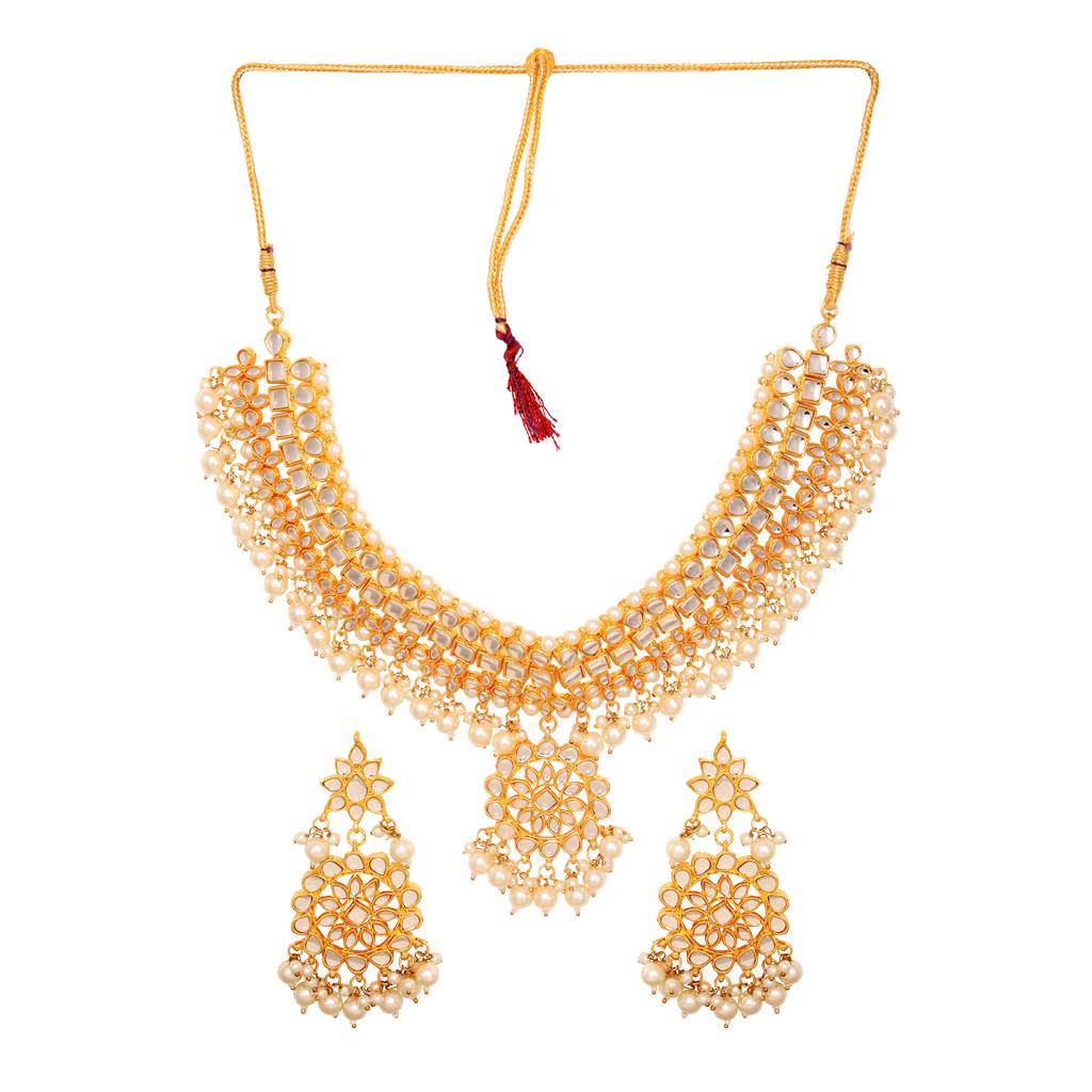 Gold Plated Kundan Studded Pearls Beaded Traditional Jewellery Set : SJNK1574