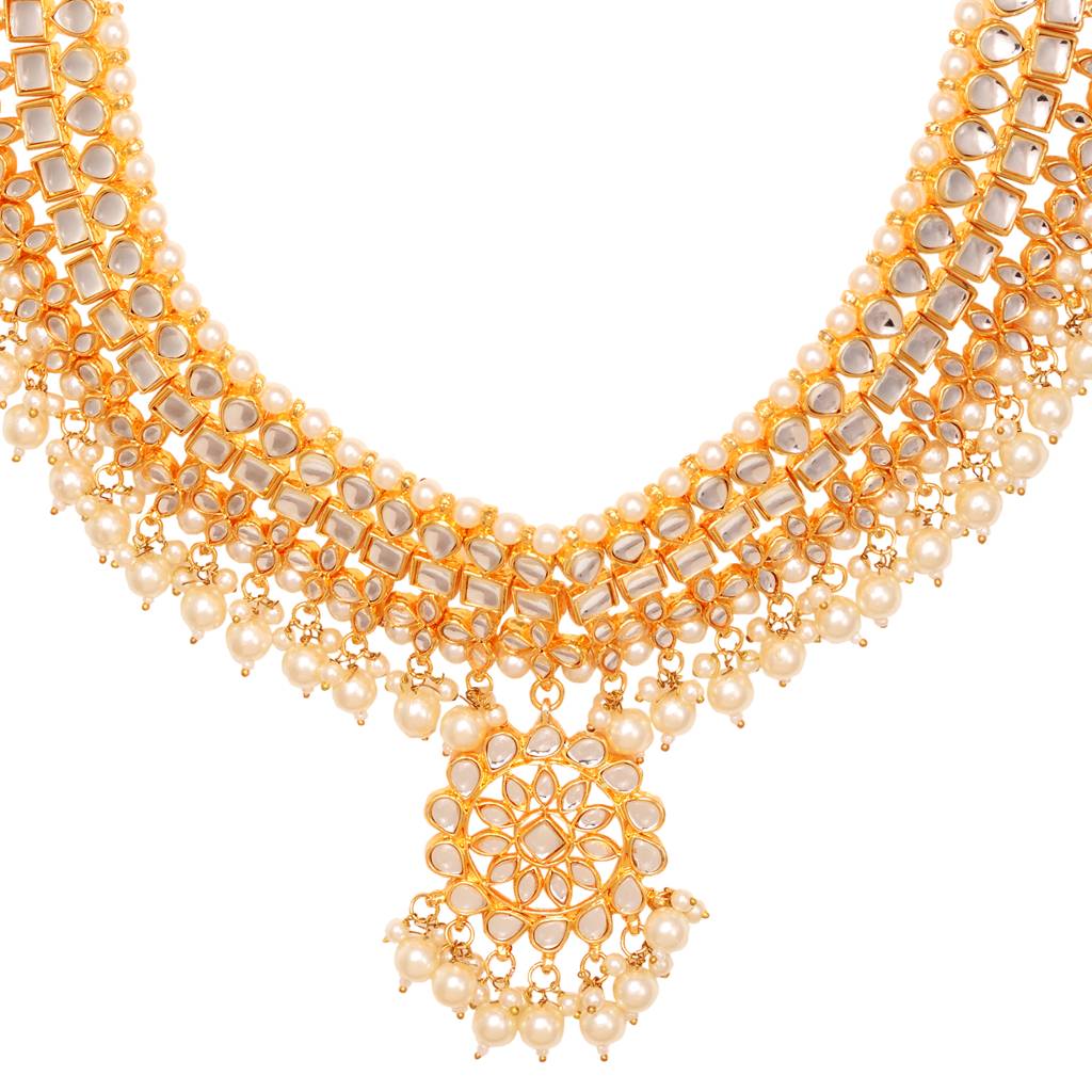 Gold Plated Kundan Studded Pearls Beaded Traditional Jewellery Set : SJNK1574