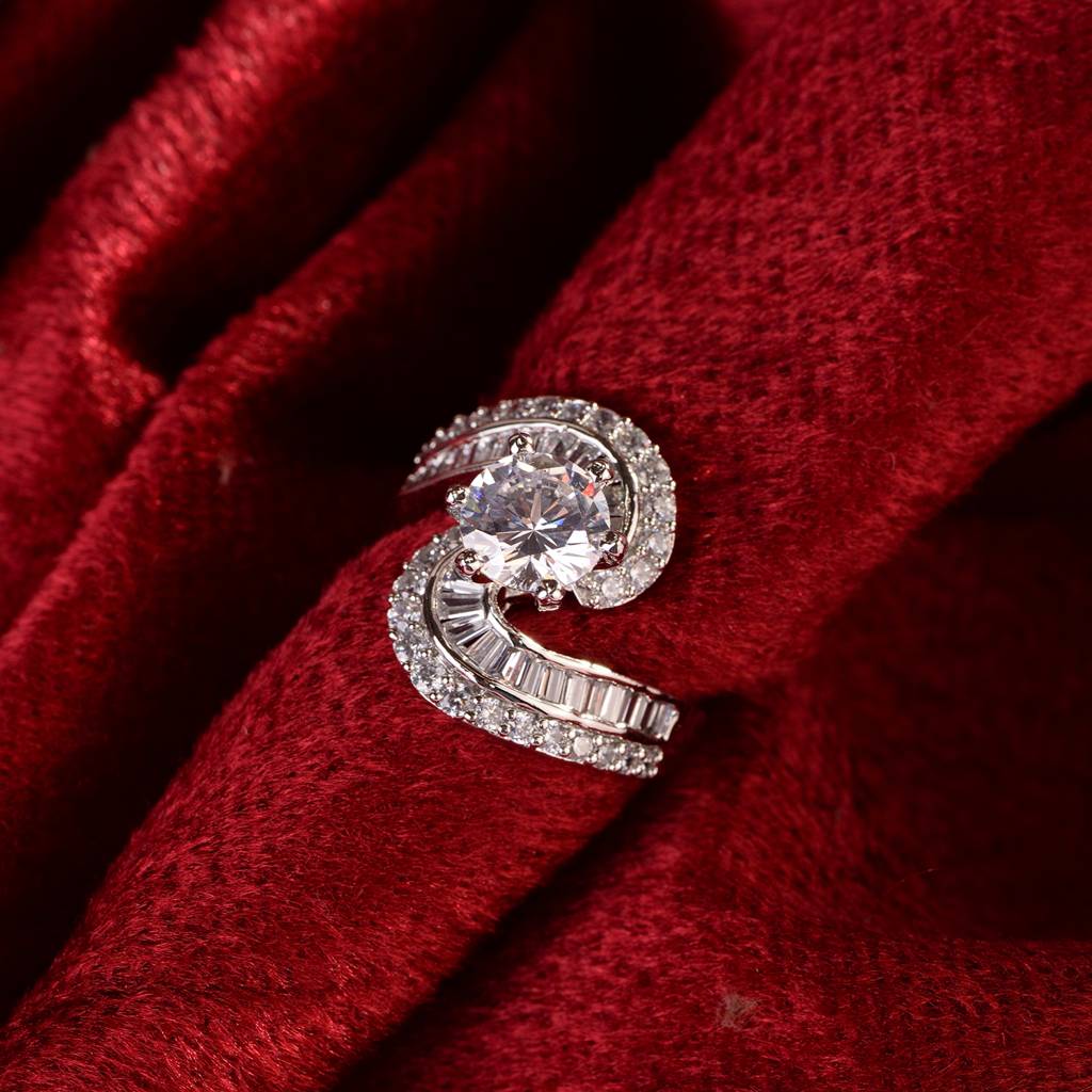 White Rhodium Plated Ad Studded Solitaire Victorian Finger Ring  Adjustable Brass White