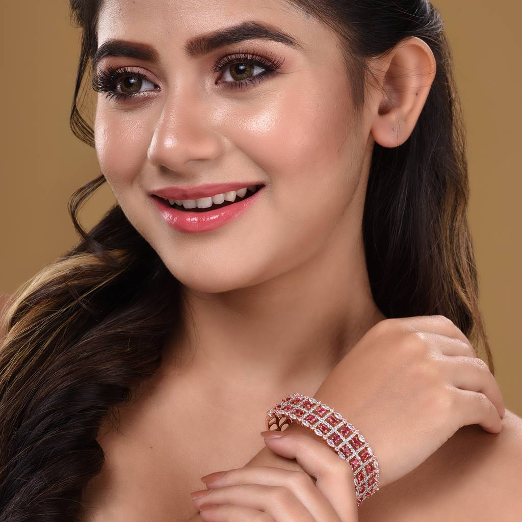 Rose Gold Plated Red Ad Studded Bangle Bracelet : SJBR1587