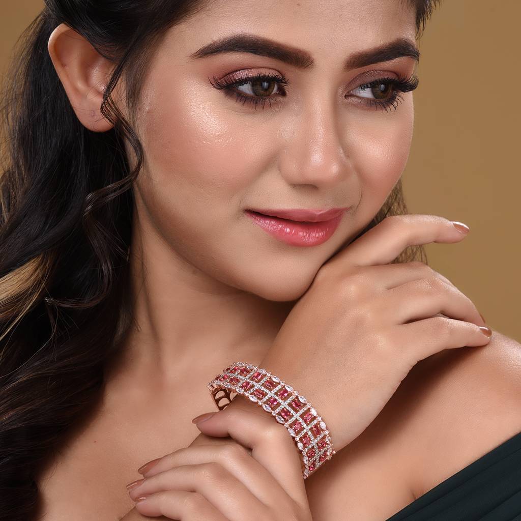 Rose Gold Plated Red Ad Studded Bangle Bracelet : SJBR1587