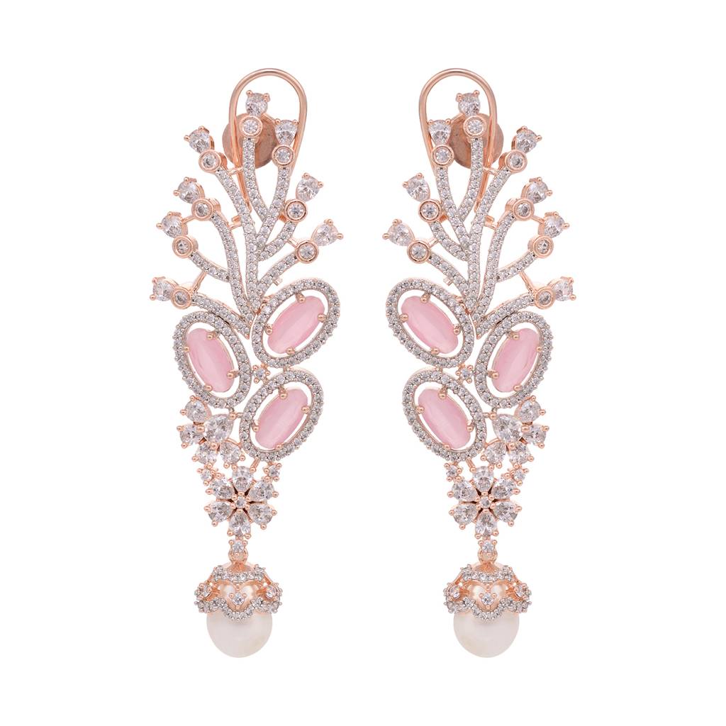 Rose Gold Plated Pink Ad Studded Flowery Dropdown Earring : SJER1588