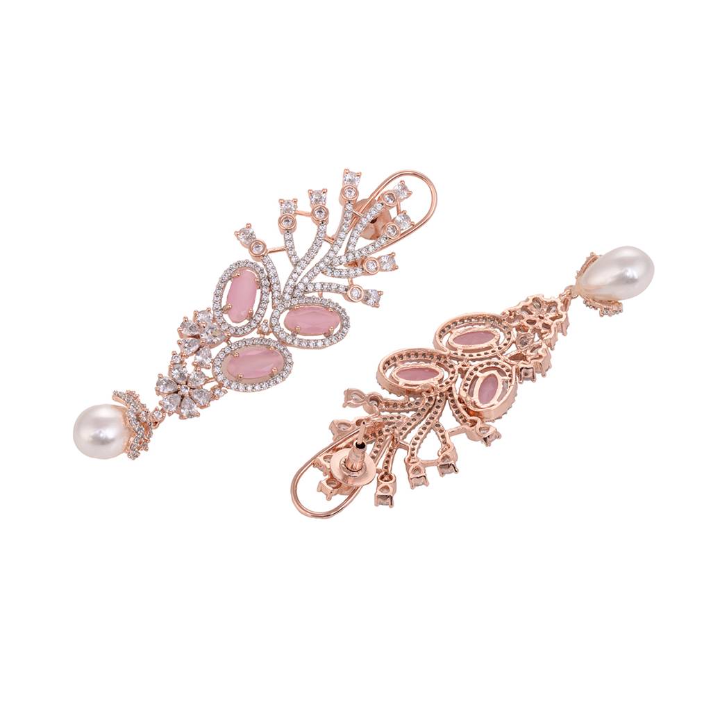 Rose Gold Plated Pink Ad Studded Flowery Dropdown Earring : SJER1588