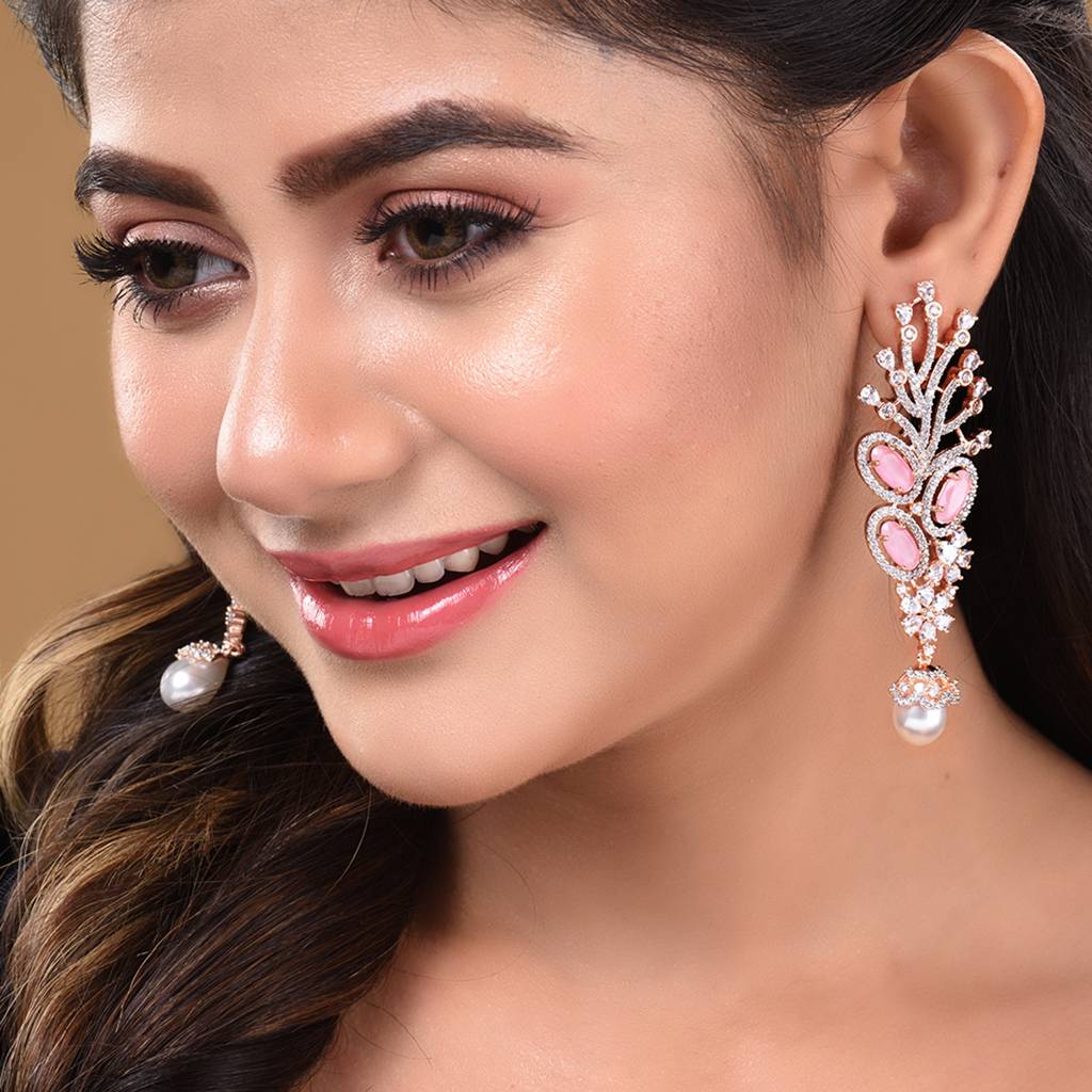 Rose Gold Plated Pink Ad Studded Flowery Dropdown Earring : SJER1588