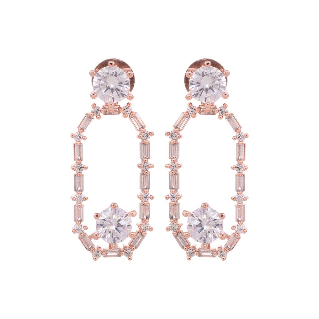 Rose Gold Plated White Ad Studded Modern Dangler Earrings : SJER1589