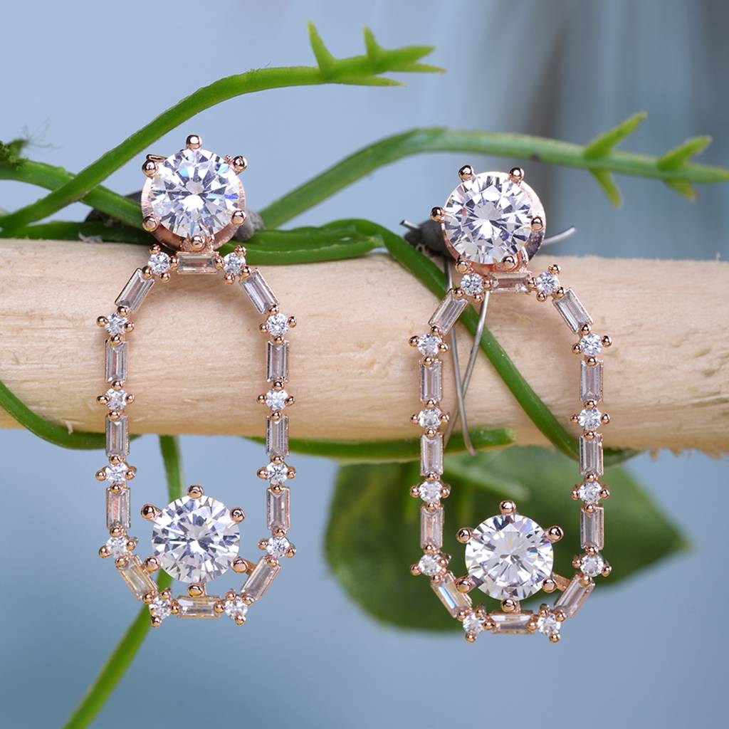 Rose Gold Plated White Ad Studded Modern Dangler Earrings : SJER1589