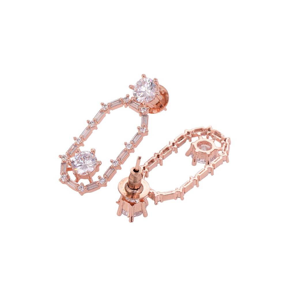 Rose Gold Plated White Ad Studded Modern Dangler Earrings : SJER1589