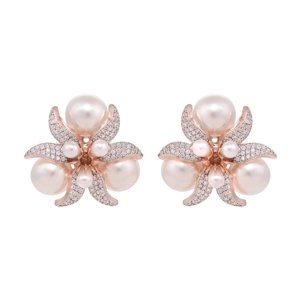 Rose Gold Plated White Ad & Pearl Studded Big Studs Earrings : SJER1590