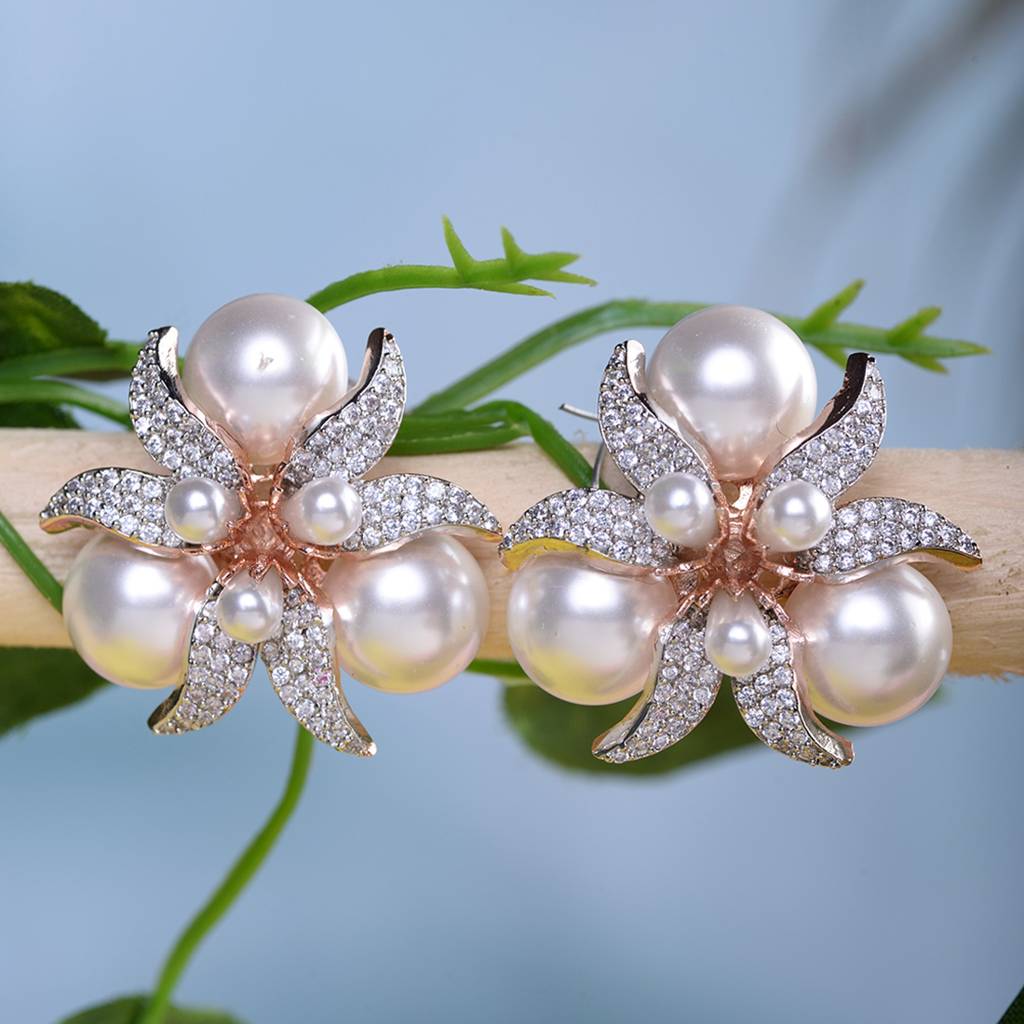 Rose Gold Plated White Ad & Pearl Studded Big Studs Earrings : SJER1590