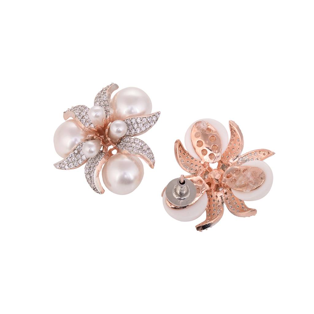 Rose Gold Plated White Ad & Pearl Studded Big Studs Earrings : SJER1590