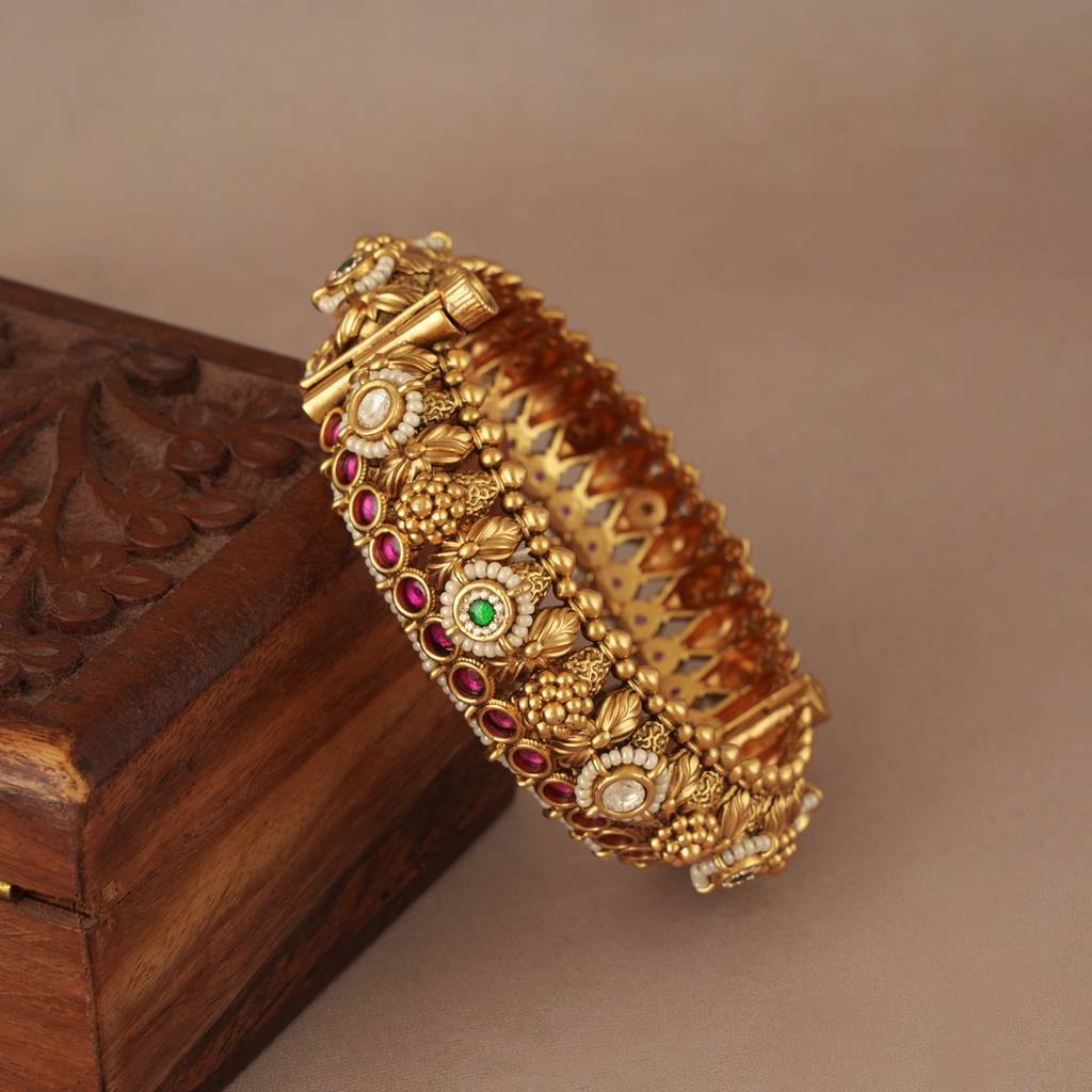 Gorgeous Antique Gold Pearl Stone Studded Kada Bangle : SJ282