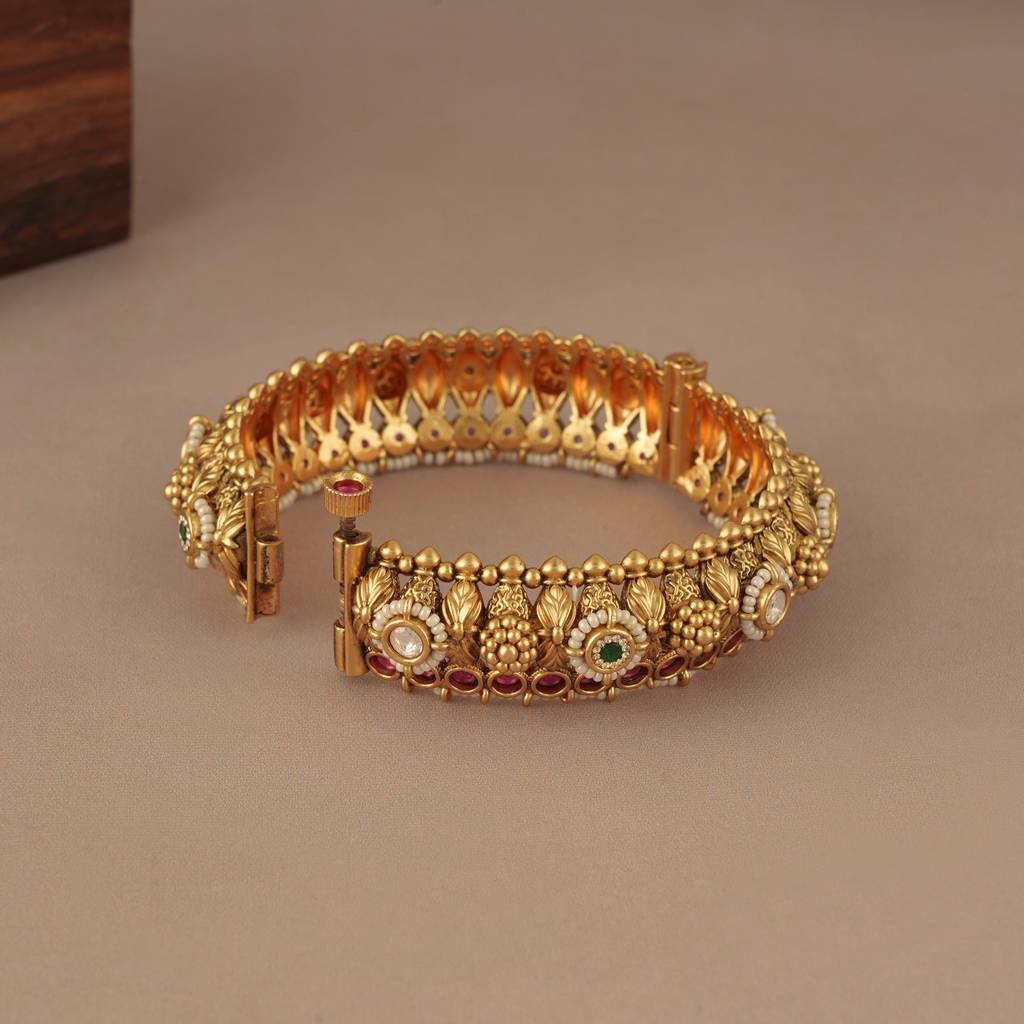 Gorgeous Antique Gold Pearl Stone Studded Kada Bangle : SJ282