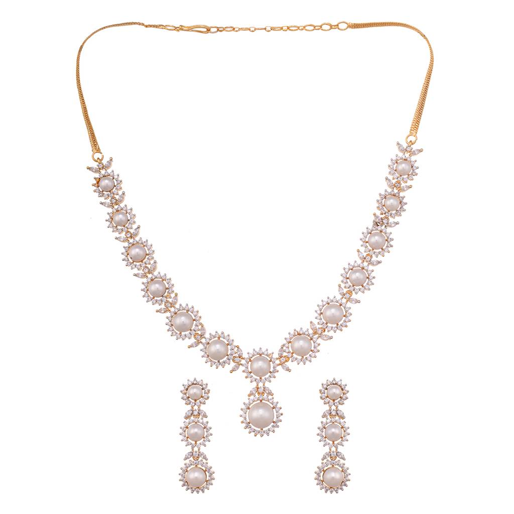 Gold Plated Whitead & Pearl Studded Necklace Jewellery Set : SJNK1596