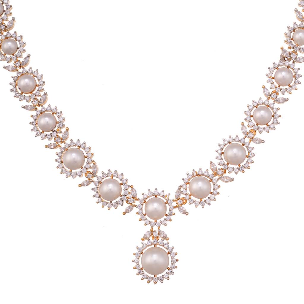 Gold Plated Whitead & Pearl Studded Necklace Jewellery Set : SJNK1596