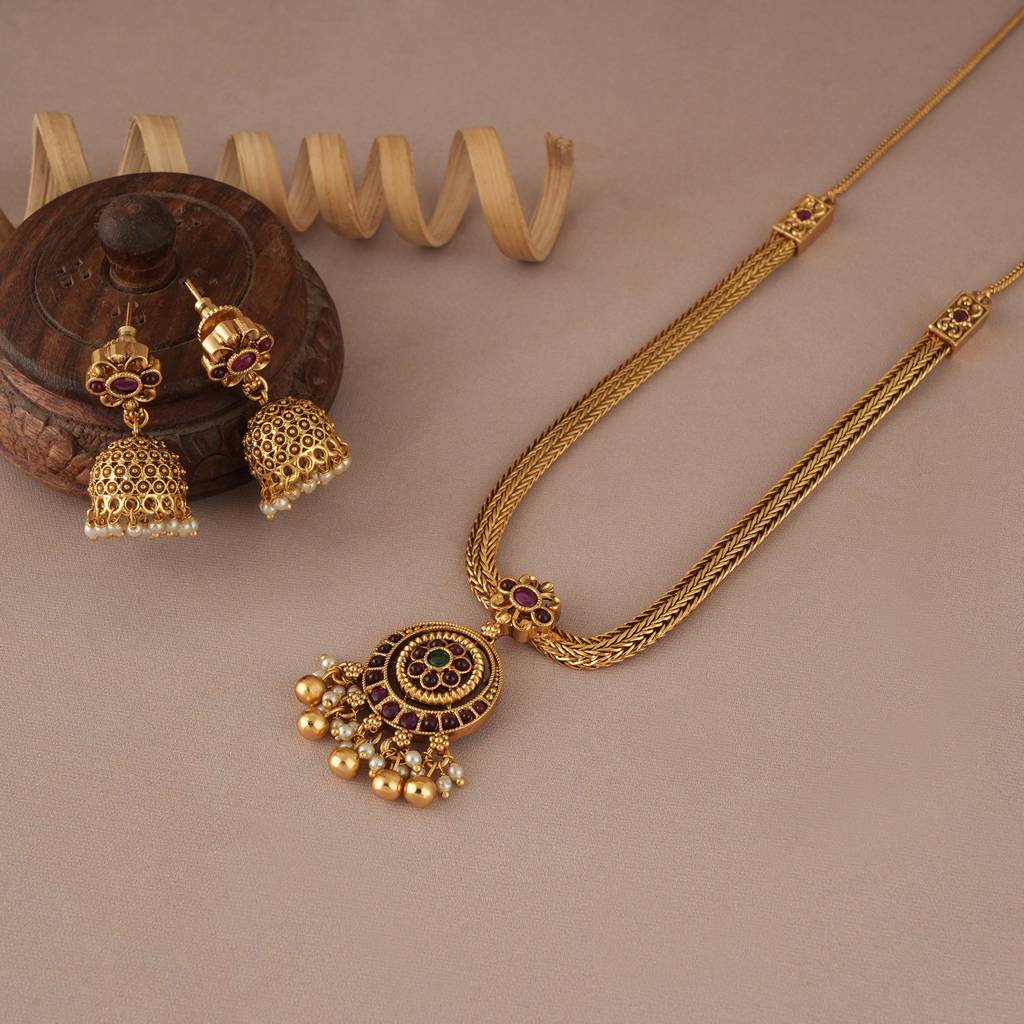 Amazing Antique Gold Multicolor Pendant Set With Jhumka Earring : SJ287